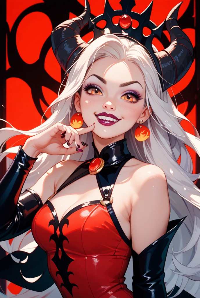 1girl, (best quality:1.1), (masterpiece:1.4), (absurdres:1.0), portrait, 1girl, (voluminous hair)+ , ((curly hair))++, long hair, ((dark skin))++, (((white hair))), (red eyes), long hair, large breasts, (blush:1.2), smile, (big lips)+, (juicy lips)+, (blush), vibrant colors, eyeliner, lipgloss, blush, sidelocks, (black horns), shiny skin, Halloween, fishnets, thigh strap, cleavage, vampire, cape, latex, blood, blood bags, fangs, blood on face, outside, squatting, from below