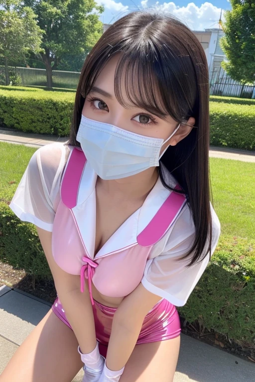 Sheer tank top、Reduce milk、Transparent nipples with a sheer look、pantyhose/stockings、See-through underwear、Leaning forward、Forest、Purple twin tails、Face masks