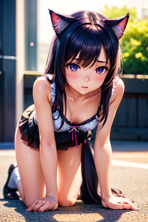 NSFW, (8K, RAW photo, 最high quality, masterpiece: 1.2), High-definition RAW color photo, Professional photo shoot, cinematic light, , (((young woman, gal))), (Sharp features), (Big eyes), (small face), (high detail skin: 1.2), clavicle, cute face, beautiful appearance, long eyelashes, (rainbow hair, blue eyes), (beautiful breasts:1.5), (slim body:1.5), (shy smile), very detailed顔と肌の質感, fine eyes, natural makeup, colorful costumes, Gorgeous Maid Clothes, bewitching woman, (((get down on all fours))), lift the skirt, female masturbation, Enjoying the act, A glimpse of sexy lingerie, staring eyes, beautiful skin, shiny skin, perfect fingers, five fingers, anatomically correct, background bokeh, high quality, surreal, bright colors, ((very detailed, photo shoot)),