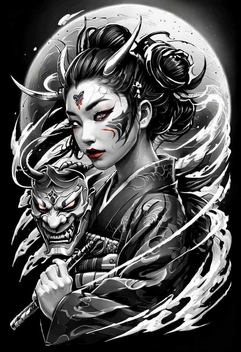 (((Solo geisha Wearing a demon hannya mask))), creative logo black and white vector portrait profile of a geisha wearing a hannya mask, sword, autumn leaves, the contrast between the black and white and the colors is crispy featuring the word (HONOR), digital art work by dan mumford, carne griffith, sketch, high definition, negative space, vivid colors, tshirts design, (Unity 16K Wallpaper, masterpiece, Best Quality, high quality, Ultra-detailed, extremely details), (((Solo geisha Wearing a demon hannya mask))), creative logo black and white vector portrait profile of a geisha wearing a hannya mask, sword, autumn leaves, the contrast between the black and white and the colors is crispy featuring the word (HONOR), digital art work by dan mumford, carne griffith, sketch, high definition, negative space, vivid colors, tshirts design,
