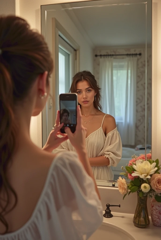 Jeune femme, bien formée, 30 ans, visage naturel, cheveux chatain, qui prend son corps en photo avec sont iPhone dans le miroir, décolleté, belles formes