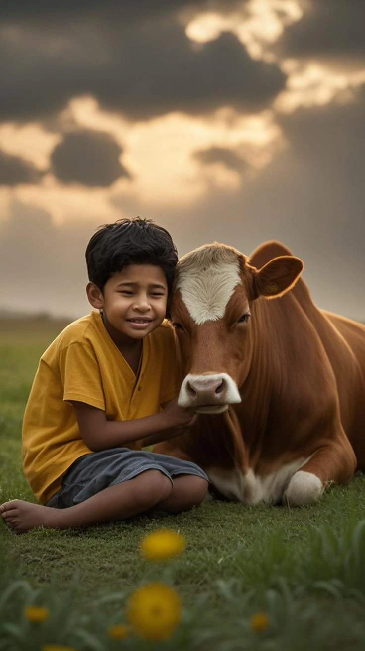 Baby Mahadev with cow, Copy the art style with background, 8k, Cinematography, photorealistic,epic composition Unreal Engine,Cinematic, Color Grading, Portrait Photography,Ultra-Wide Angle, Depth of Field, hyper detailed.Capture the thrilling intensity of this moment, ultra-realistic in 4K.