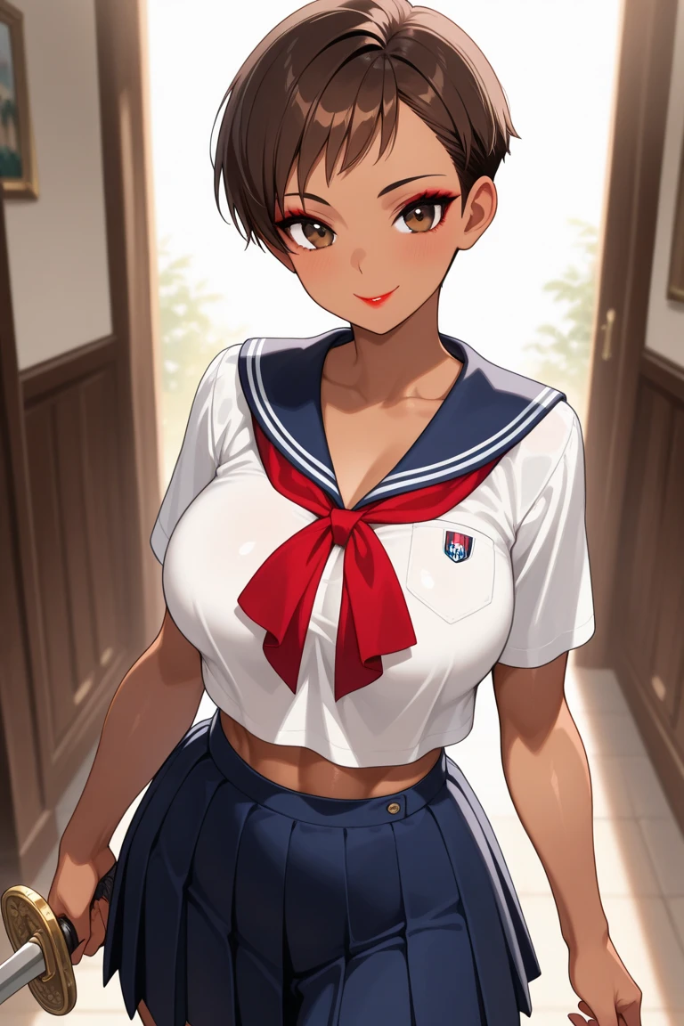 1 hot girl, dark hair, black eyes, grin, gorgeous, black pantyhose, short bob, japanese school girl, large breasts, serafuku, young girl, japanese, slender