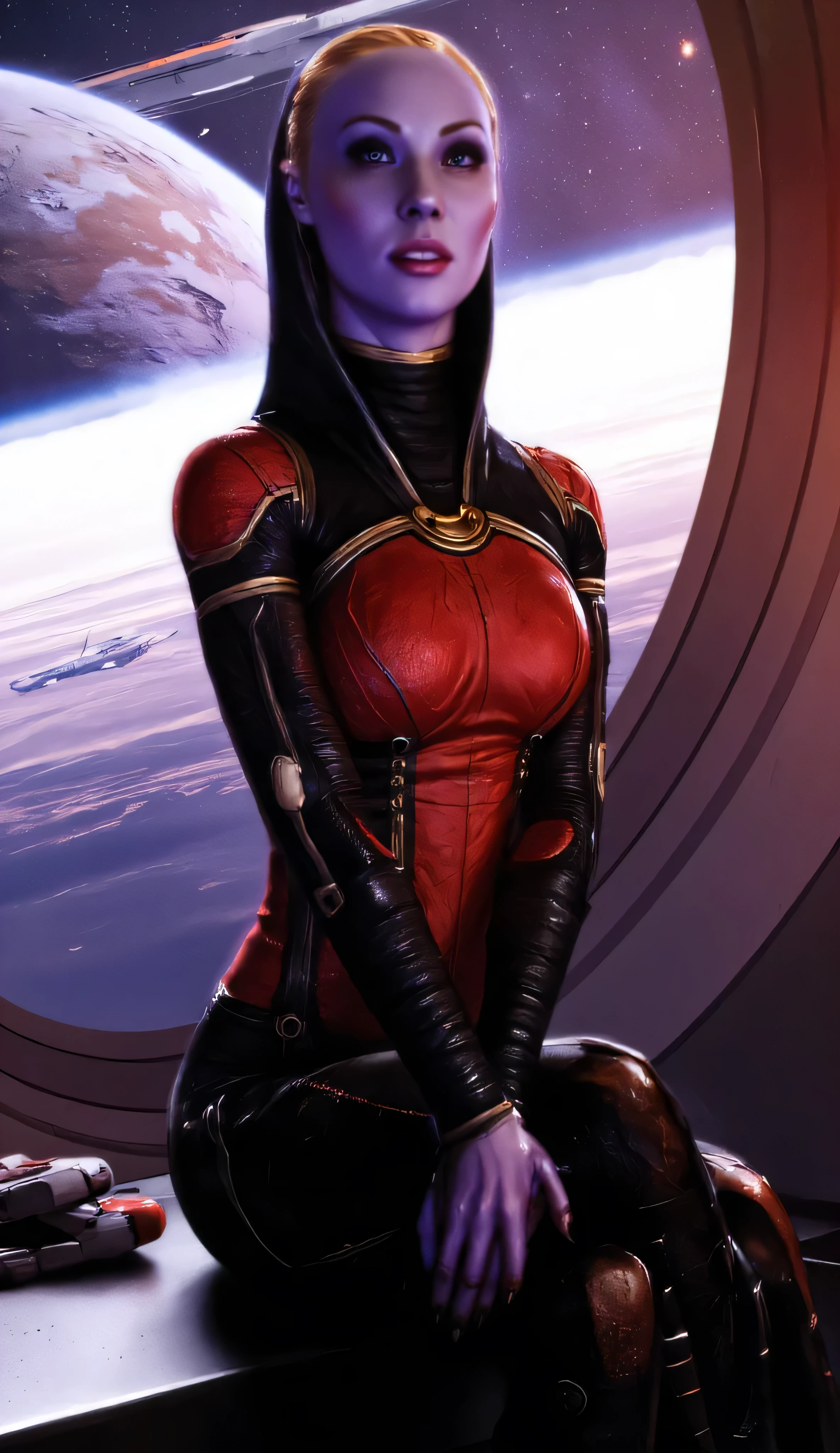 Deborah Ann Woll as Tali Zorah, futuristic character, beautiful alien, warrior, purple skin, glowing violet eyes, sitting casually, futuristic spaceship lounge, view of planets and stars outside the window, elegant and form-fitting bodysuit in red black and gold, detailed embossed patterns, armored sections, deep hood, partially framing face, braided hairs, calm and confident expression, soft lighting reflecting off her skin and suit, warm cosmic light, bokeh, lens flares, digital painting, sci-fi fantasy, high-resolution character concept art