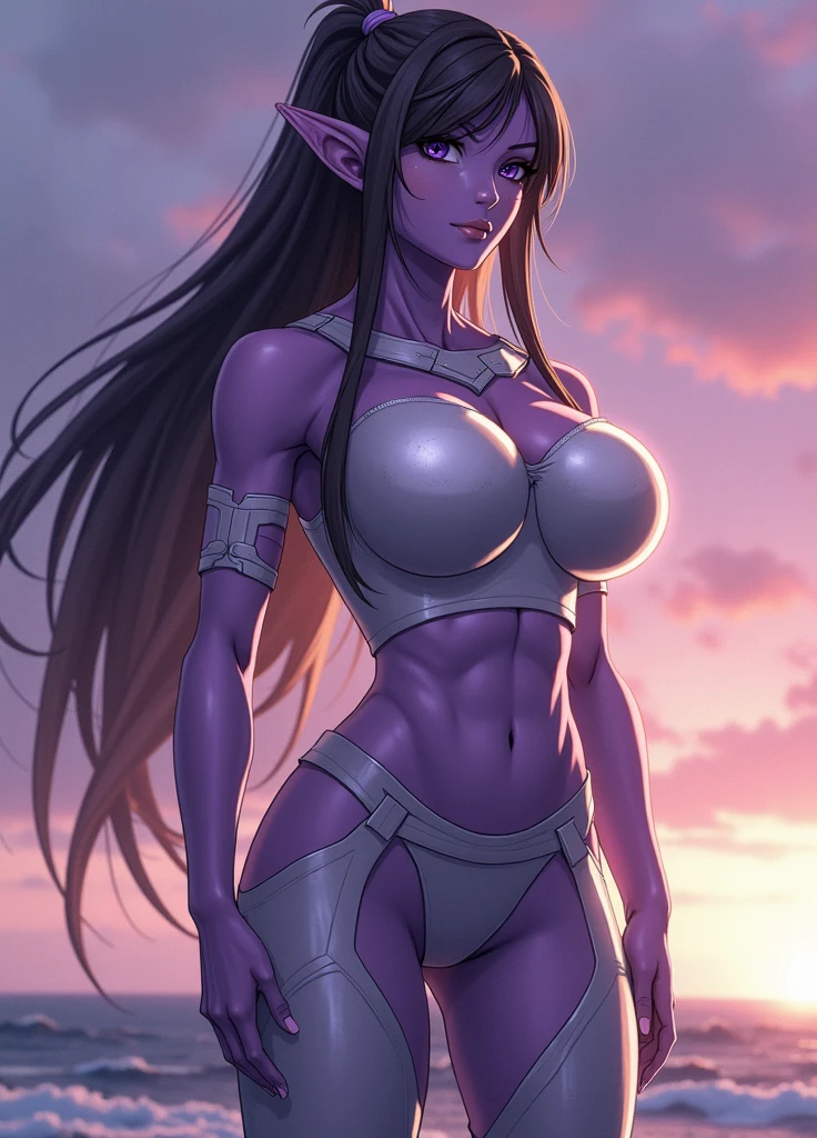 sehele style, anime style, (((tiefling))) warlock with (((dark purple skin))) and (((smoldering eyes))). Her (((horns curve elegantly backwards))), 8k, 4k, Unreal Engine 5, octane render, trending on pixiv, fanbox, skeb, (((translucent white lingerie))), masterpiece, ((slendered abs )),(huge breasts:1.4), (full bodied), wide hips, (full lips:1.5), smooth soft skin, big dreamy eyes, beautiful intricate colored hair, anime wide eyes, soft lighting, concept art, digital painting,
