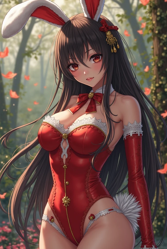 Masterpiece, Top Quality, 8K, (Smile: 1.1), (Big: 1.3), Clearly Visible cleavage, Chest-Sticking Costume, Huge Breasts, Perfect Breasts, Amazing Bust, Taut Bust, (Red Costume: 1.3), (Sailor Suit: 1.1), Pleated Skirt, (Mini Skirt: 1.2), Garter Belt, Knee High Socks, High Heels, Boots, Long Hair, Brown Hair, Black Ribbon, horse's ears, tail, right hand placed on the back of the head, left hand on the hip, wink, moisturized eyes, estrus expression, shy face, blush, shy figure, ecstasy