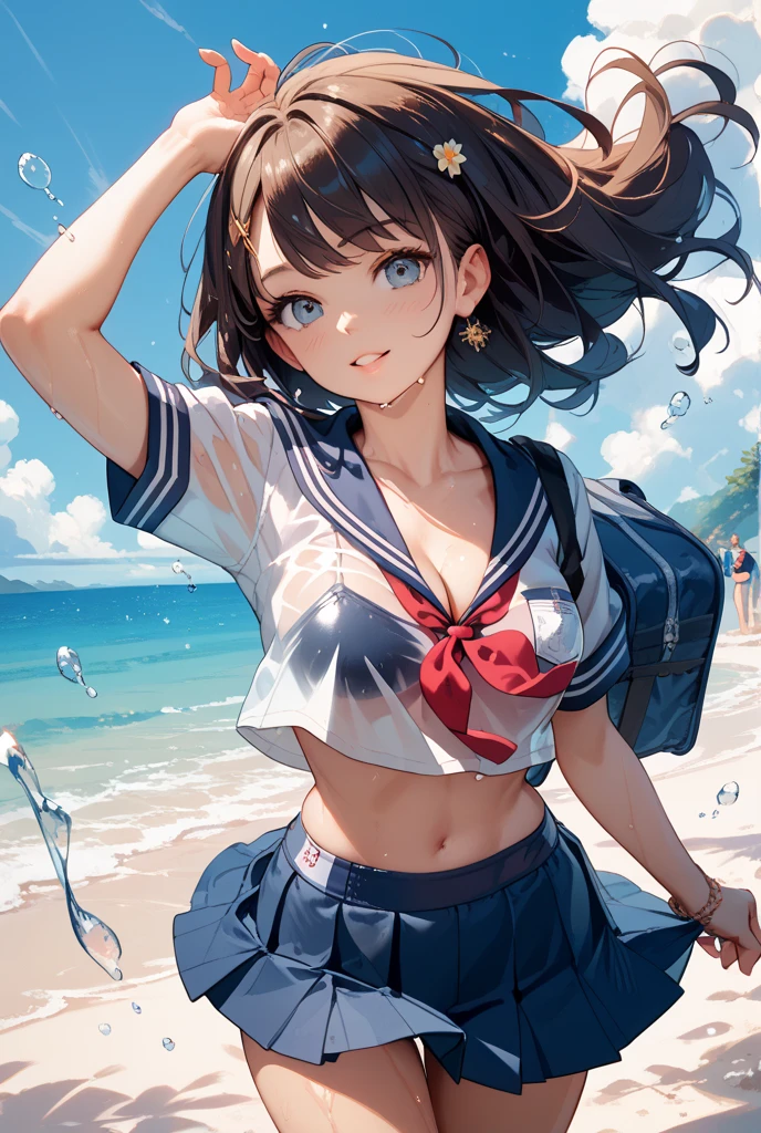 (masterpiece: 1.3), (highest quality:1.4), ultra high resolution, (fine eyes), (detailed facial features), (Detailed features of clothing), HDR, 8K resolution, A high school girl who took off her sailor suit, anime 2d rendering, white headband, smile, black hair, navy blue sailor uniform, black stockings, school scenery, small face, trot, Pigtails, White underwear fully visible、sexy、blush、Watery eye、Are crying
