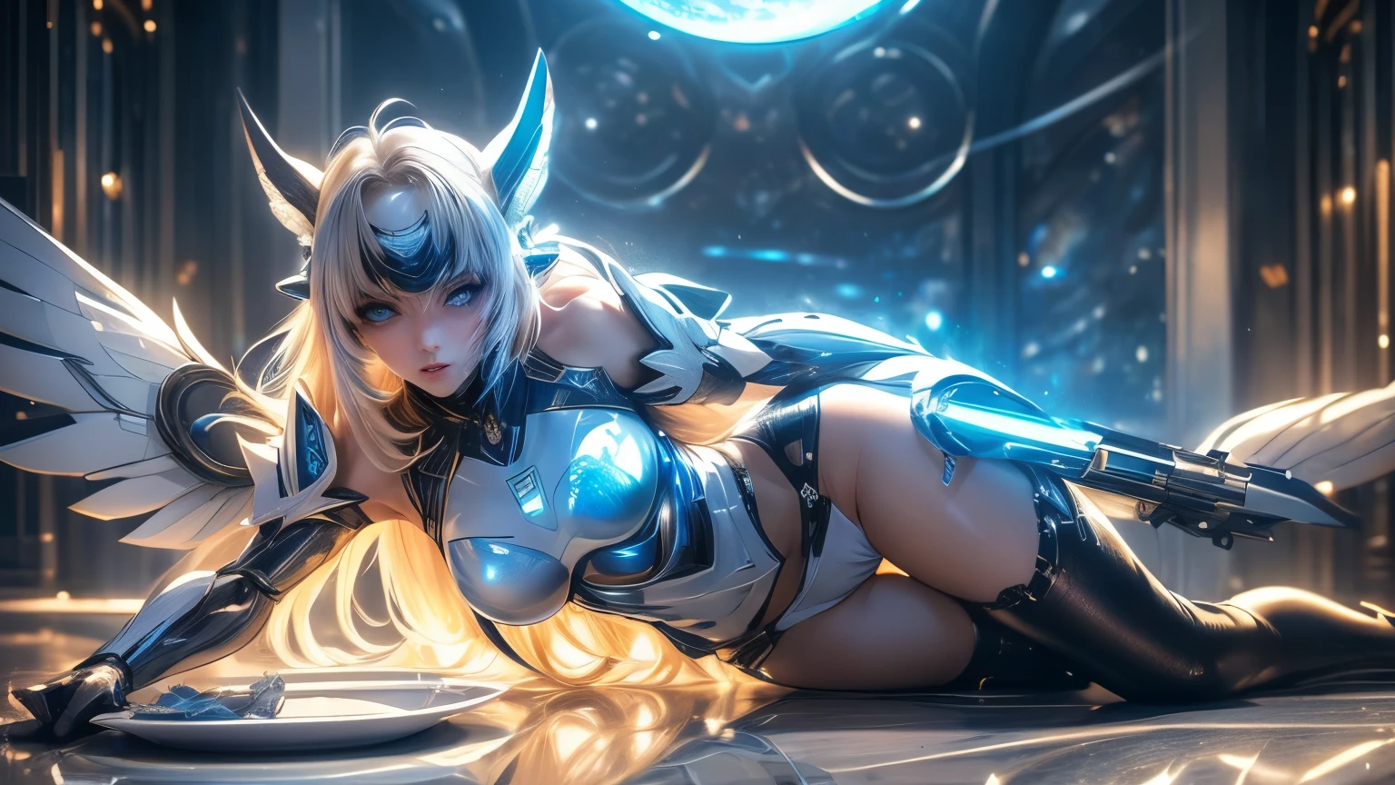 CG illustration, super beautiful woman, android, white french braid long hair, glossy blue eyes, open legs, seductive pose, sexy, ultra sharp,metal,intricate, ornaments detailed, highly intricate details, realistic light, trending on cgsociety, machanical limbs,blood vessels connected to tubes,mechanical vertebra attaching to back,mechanical cervial attaching to neck,sitting,wires and cables connecting to head, background galaxy give off rainbow and gold neon light many lines radially, brilliant planet, fantasy, portrait, high resolution, best quality, very high image quality, ultra detailed, hyper realistic, photorealistic