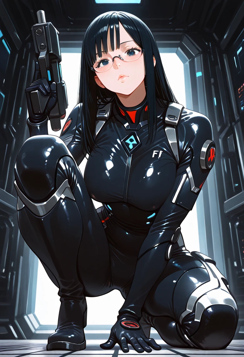 Beautiful cybernetic girl realistic masterpieces (best quality,ultra-detailed), black hair, fair skin, fit body, slim figure, narrow waist, (cocky expression), black SWAT uniform, heavy kevlar vest