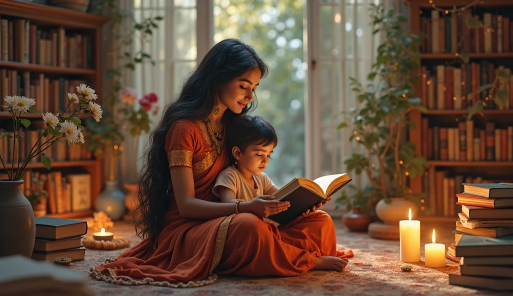 Draw a bengali mother helping her child to read