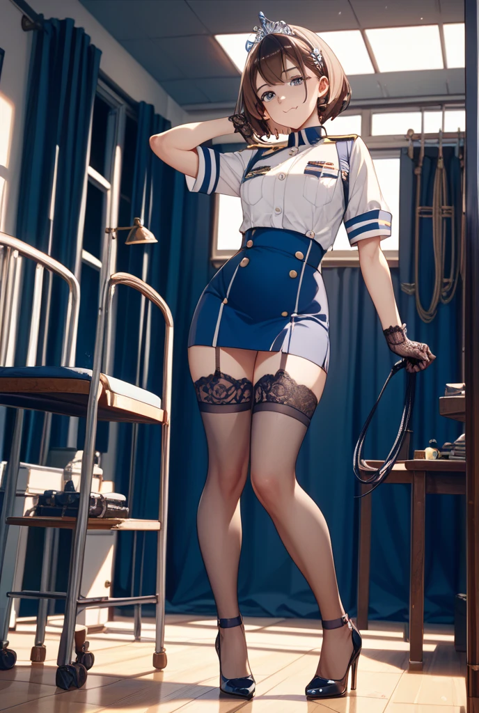 (high-definition images, atmospheric perspective, 8k, super detail, accurate, best quality, angle from below), a woman, (drooping eyes, sleepy face, ecstasy, dark brown pupil), lean on the counter, ((elaborately designed luxury panties for adults, panties high definition images, draw panties with super precision)), open legs, raise leg, (((climbing and straddling to hit her crotch on the exposed pipe))), ((clerk uniform)), id card, earrings, in the factory, machines,