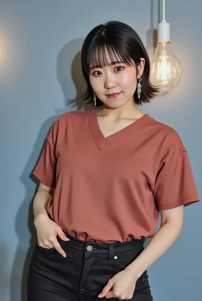 SELFIE young chubby Indian girl with short bright red hair and fair complexion wearing a extremely oversized shirt 