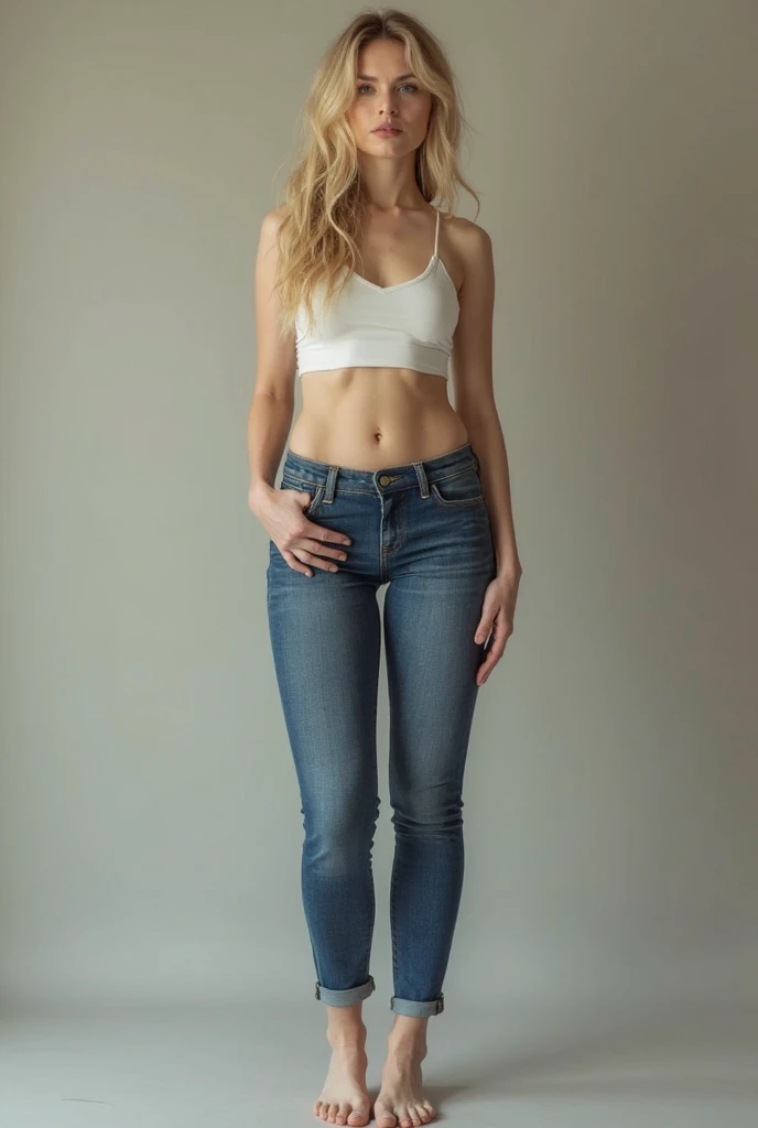 3DMM,MJ3D, 1 blond girl, (flat chest like a boy:1.2), ((skinny body:1.2)), boyish look, cotton shorts and tank top, posing in a kitchen, Anatomically Correct, striped thighhighs