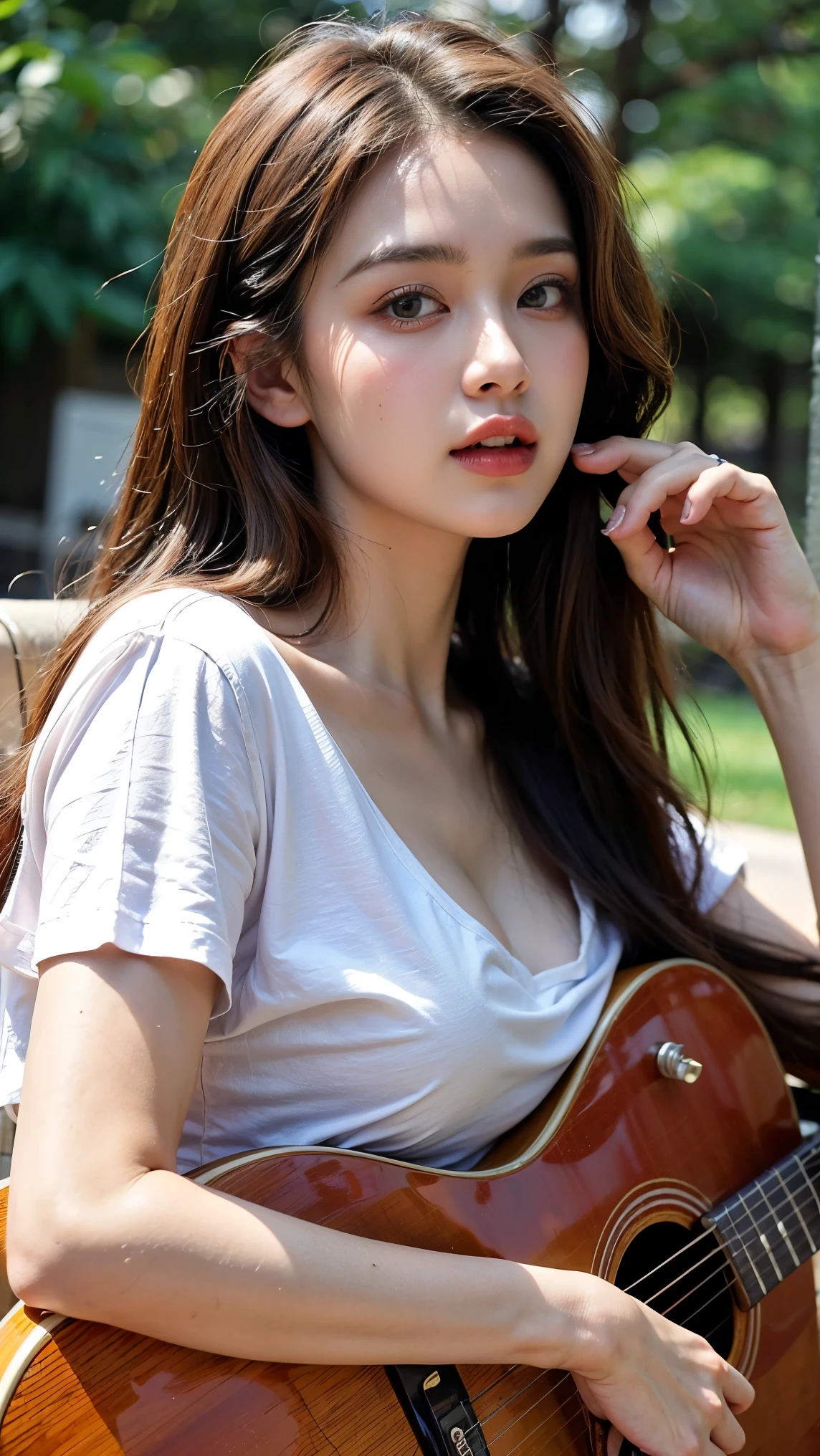 Best Quality, Masterpiece, Ultra High Resolution, (Realistic: 1.2), Original Photo, Head Photo, Skin, Simple Background, Seductively tall, D-cup big breasts,
Black Eyes, Detail, Selfie, 1 Girl, a white top, night, on stage live concert, play electric guitar and sing a song with microphone.