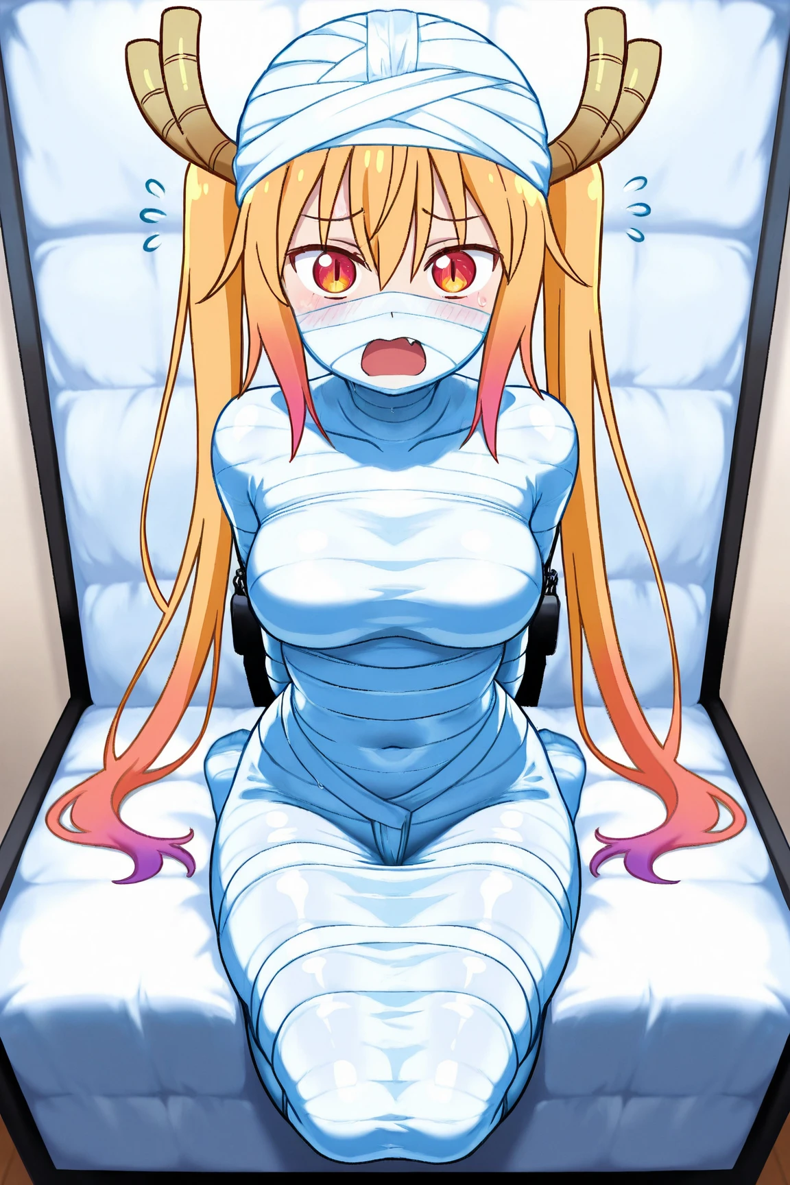 1girl, , tape bondage, blue bikini, medium breasts, long hair, gagged, bedroom, dim lighting, standing, looking at viewer, pleasured, squinting, wide hips, red hair, blue eyes, blushing, fox, short snout