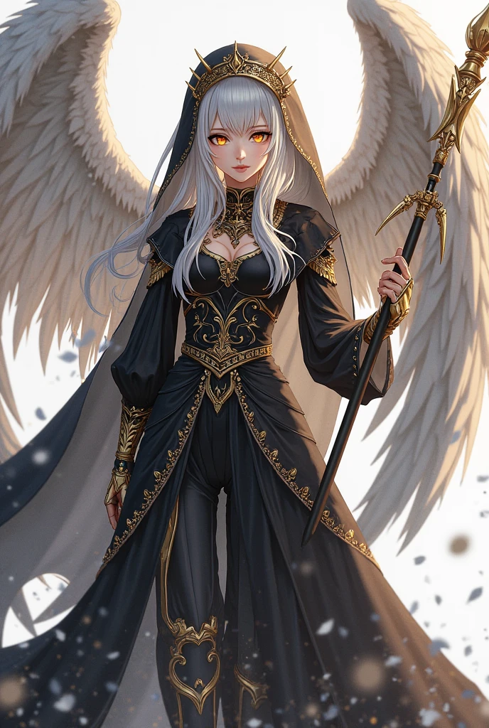 a female angel character, 50 years old, view point; full front view.
• HEAD: beautiful face, full white eyes, longest flowing white hair, has a ring of light, heigh 190 cm.
• BODY: wering white black robe, white gloves, wearing black stocking, wearing black boots, has a pair wing, behind his body theres a large ring of light, handle a black book.
• POSE: standing, full body.
• BACKGROUND: White.
• ART STYLE: anime 3D. 4K HD ULTRA PICTURE.