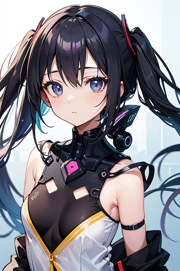 (Masterpiece, fine detailed beautiful eyes: 1.2),  10years old，(flatchest:1.2)，Black hair，Black tank top, cleavage，Frontal photo，closeup cleavage，Suspenders，Arms drooping，The shoulder straps slip off， glowing headphones, Cyberpunk, Futuristic, Detailed eyes, ultra - detailed,Light smile, looks into camera, (Extremely detailed CG, Unity, 8K wallpaper:1.1), Beautiful face, Highly detailed ，street corner