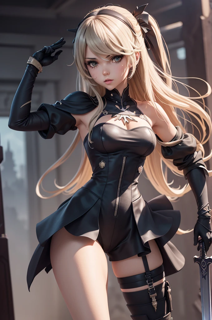 （masutepiece, side lights, fine detailed beautiful eyes: 1.2)， luscious skin，（（Solo）），（scarlet eyes），Hanging eye corners，（highdetailskin），（perfect bodies），beautiful a girl，Little Breast，（（A dream jacket uniform that covers the chest）），（Satin color），（Short gloves are as short as half a palm），lacepantyhose，high-waist pants
