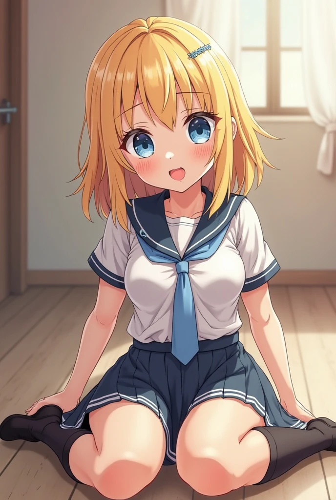 intricate detailed, detailed skin, detailed hair, 1girl, original,
blonde hair, medium hair, bangs, shiny skin, beautiful blue eyes, natural small breasts, curvy,
cowboy shot, front shot, smile with open mouth, all fours, white T-shirt, denim shorts, beautiful downblouse, beautiful nipples,
best quality, masterpiece, absurdres,