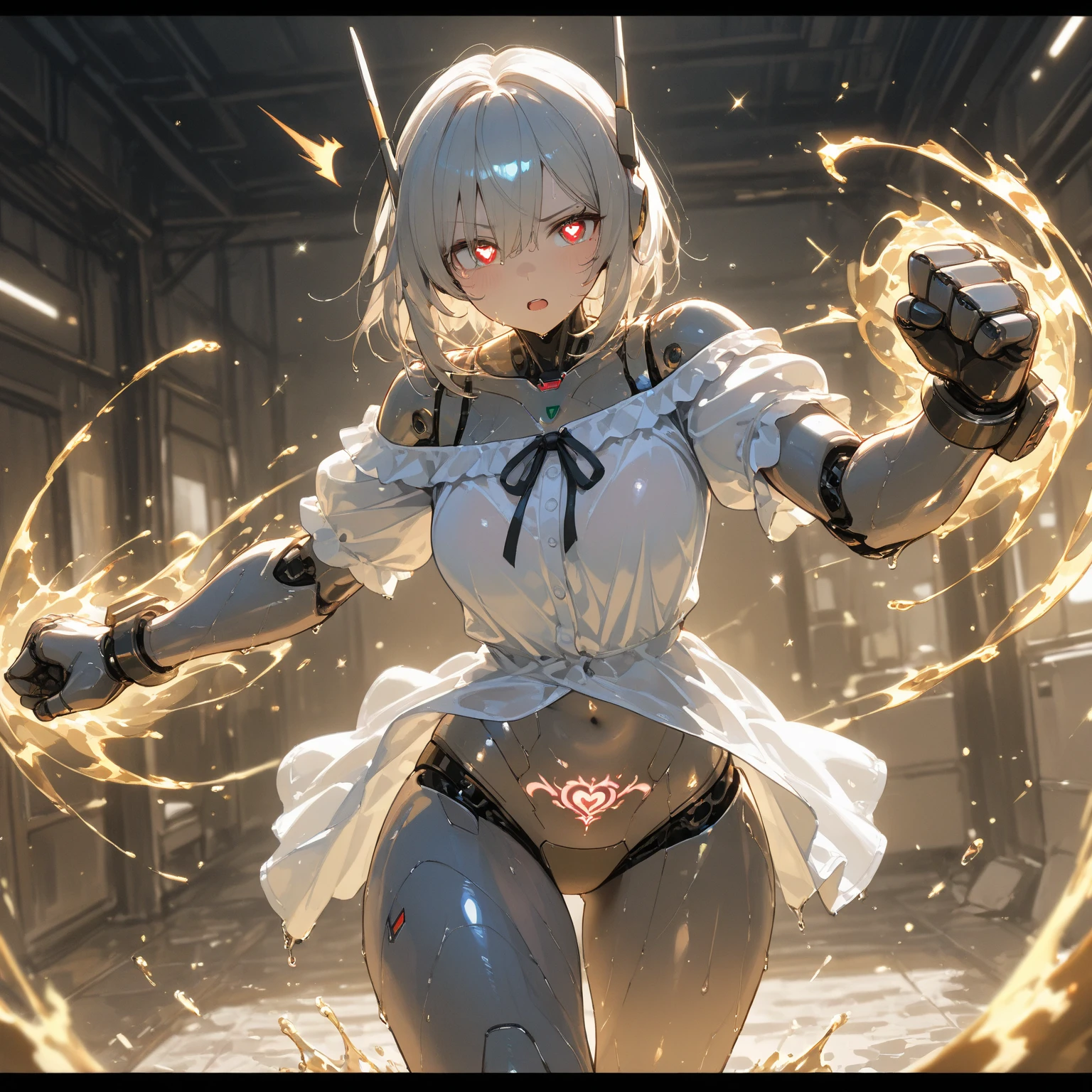 (((masterpiece))), Girl Robot, (loli:1.4), (Gamine:1.5), (Streamlined pure white body), (broken in places), (The skin is torn and complex machinery and cables are visible inside.:1.4), (Body on the verge of overheating and exploding:1.4), (Body on the verge of overheating and exploding:1.4), (A large amount of pale sparks, flames, and smoke spew out from the overheated body.:1.4), (A large amount of small parts fly off from the overheated body.:1.4), (Opening Mouth:1.3), (Close both eyes:1.4), (Crying hard:1.4), (Kneeling:1.3), (Internal structure of the body:1.4)