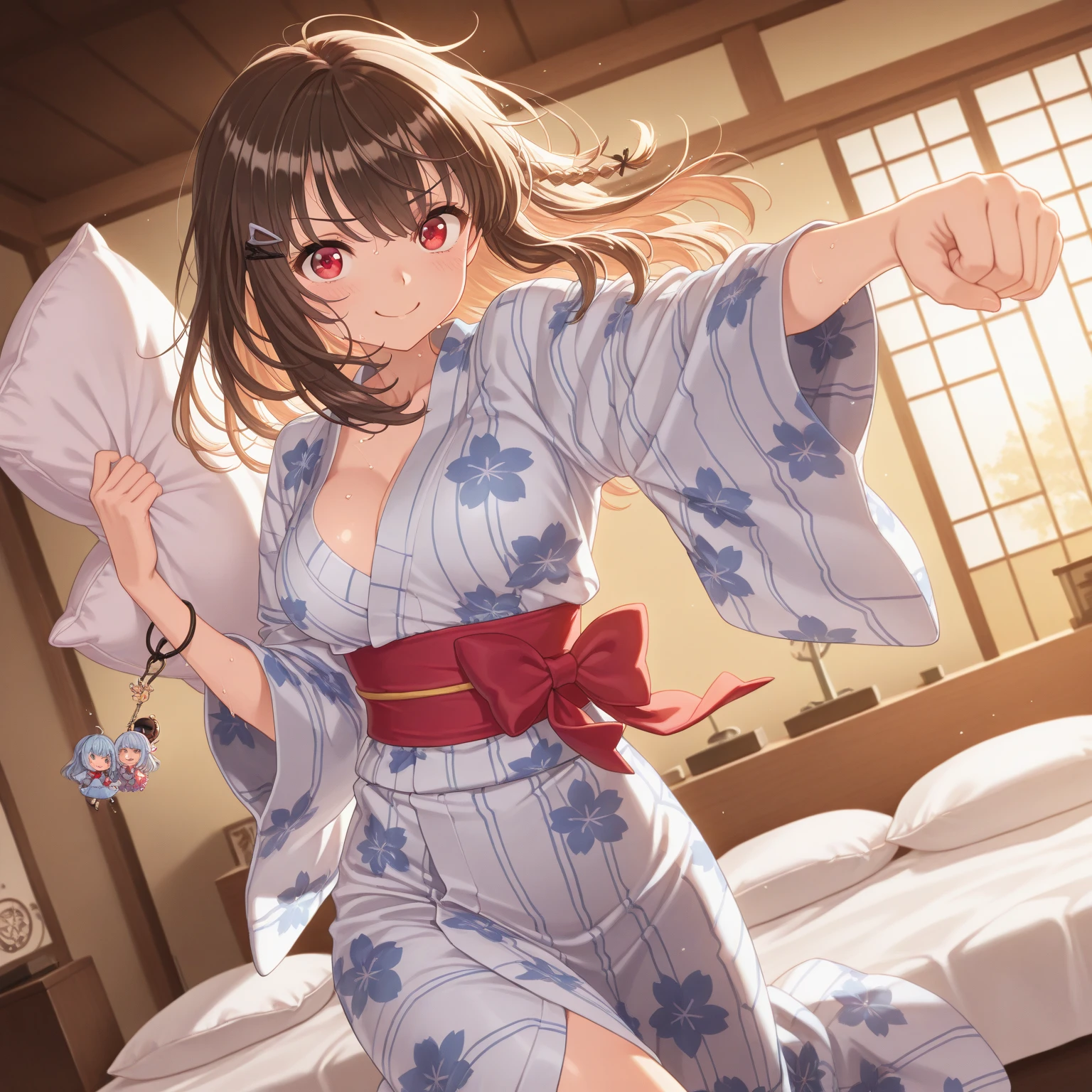 (((Sitting on a futon in the bedroom:1.3))),(((Sailor suit))),(((Pleated skirt))),(Dark red bow tie:1.3),Cute face,Extreme close up of face,Shiny light brown and orange striped short hair,Messy ponytail,Cute Smile,Perfect round face,iris,(hairpin、ponytail、Floating Hair、),Chest Slip,(Accentuate larger breasts:1.3).Professional Lighting,Cinematic Light,(Tabletop,highest quality,Ultra-high resolution output images,) ,(8K quality,),(Ocean Art 2.0 Mode:1.3),(Picture Mode Ultra HD,)