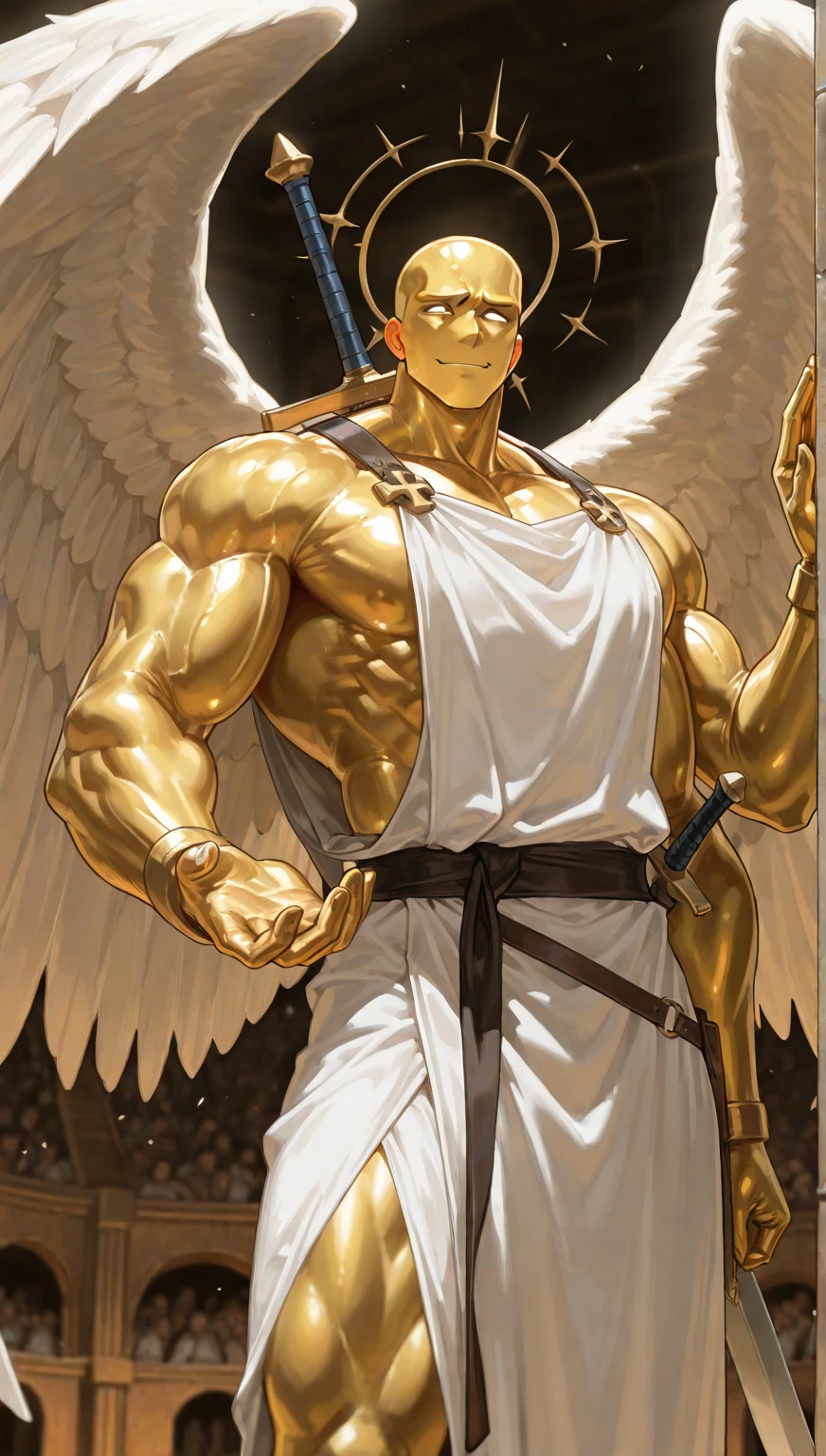 1 Muscle Angel，Large pectoral muscles，Broad shoulders，Thick-breasted，Huge crotch bulge，(Huge white wings)，Mature male，Holy，with short golden hair，greene eyes，Ancient Greek costumes，god light，bared  chest，Full body photo，wide wide shot，high-definition picture quality，rich details​，Textured skin，Cinematic texture，Fly high in the air，Barefoot，Bare calves，