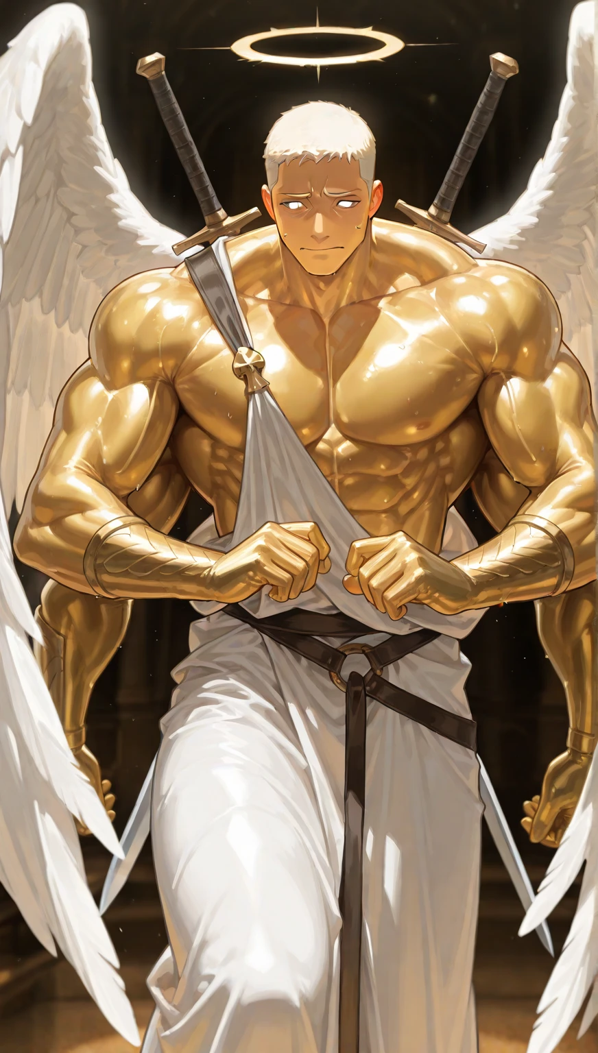 1 Muscle Angel，Large pectoral muscles，Broad shoulders，Thick-breasted，Huge crotch bulge，(((Huge white wings grow on the back)))，Mature male，Holy，with short golden hair，greene eyes，Ancient Greek costumes，god light，bared  chest，Full body photo，wide wide shot，high-definition picture quality，rich details​，Textured skin，Cinematic texture，Fly high in the air，Barefoot，Bare calves，
