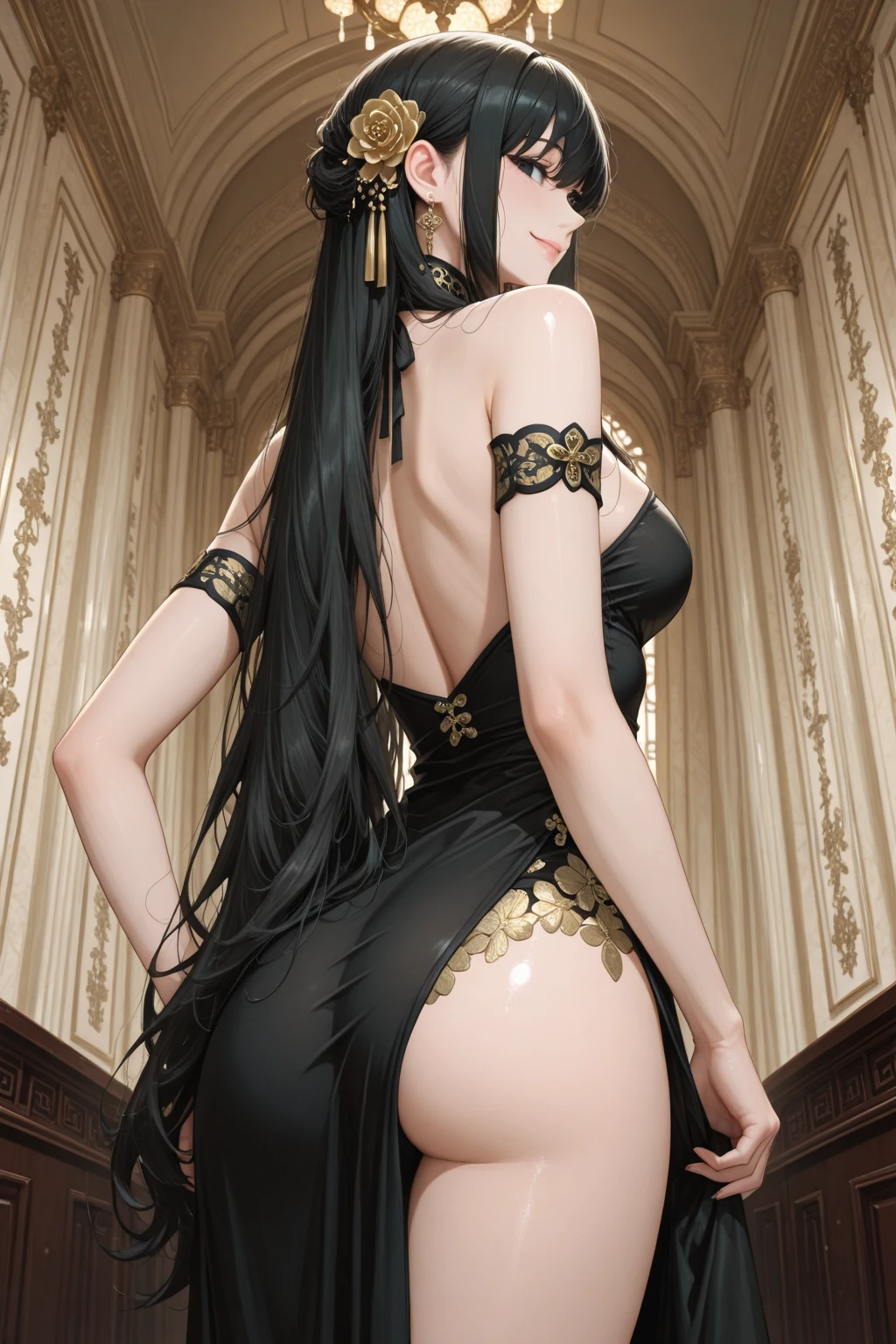 Hatsune Miku character,((upscale, 8k, masterpiece: 1.5)), Clean common areas: 1.2, perfect body beauty: 1.4,Black and red cutouts,bright smile,round chest,Areola visible,big breasts,huge cleavage,big breasts,necklace,earrings,Anklet,plump ass,Crawling kneeling position,lift your ass,,open your legs,Clear liquid dripping,Shooting angle,from below