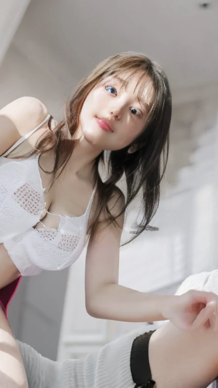 from above, Close-up of face,holding 棒ice,棒ice_lick,lick,Tongue_go out, Open_mgo outh,ice-cream,masterpiece,best quality,1 Girl, blush,,employment,employment(Genshin Impact), trumpet, Blue short hair, Black body stockings,White clothes,,Rose,dark_background,  flower, ice_flower, ice柱,,Glowing Butterfly, Butterflies flying,