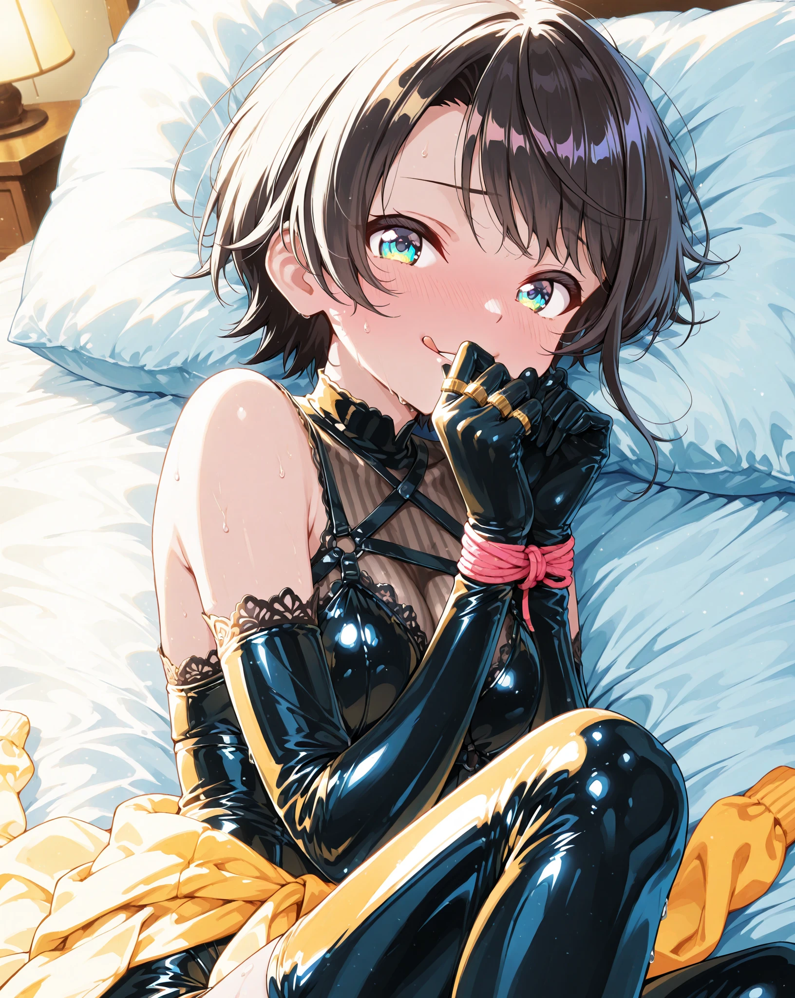 8k、High resolution、Very detailed、(One girl:2.0),20-year-old female, Short bob hair:1.6,(Beautiful Hair:1.5),(The ultimate beautiful girl:1.7),(Beautiful young Japanese woman:1.3),pretty girl:1.5,Pretty face:1.5,(:1.5),(Droopy eyes:1.5),(Beautiful big eyes:1.5)、Gymnast:1.3、Beautiful slender woman:1.8、Large Breasts:1.9,Captivating smile、(Excessive sweating:2.0)、Show your side:1.5、(Lying on your back:2.0)、Arch your back:2.0、Ahegao、Open your mouth wide:1.5、(Black tight high leg leotard:2.0)