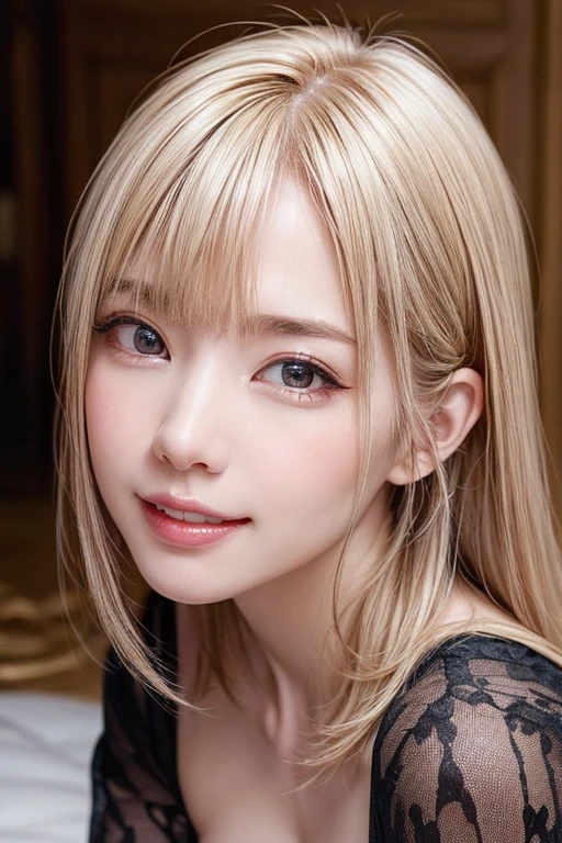 18 year old beautiful girl, Big eyes, Large Breasts, Small and slim, 8K, Highest quality, (Highly detailed head: 1.0), (Highly detailed face: 1.0), (Very fine hair: 1.0),  Highly detailed official artwork, Anime Moe Art Style, Beautiful and detailed anime art, smile, Blonde, sleek long hair