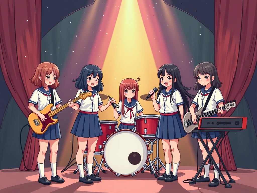 (masterpiece:1.2, best quality), (highly detailed:1.3),  3girls, 14yo, rock band, schoolgirls, (white panties), upskirt, school shirts, play electric guitars, in a garage, having fun,  bright