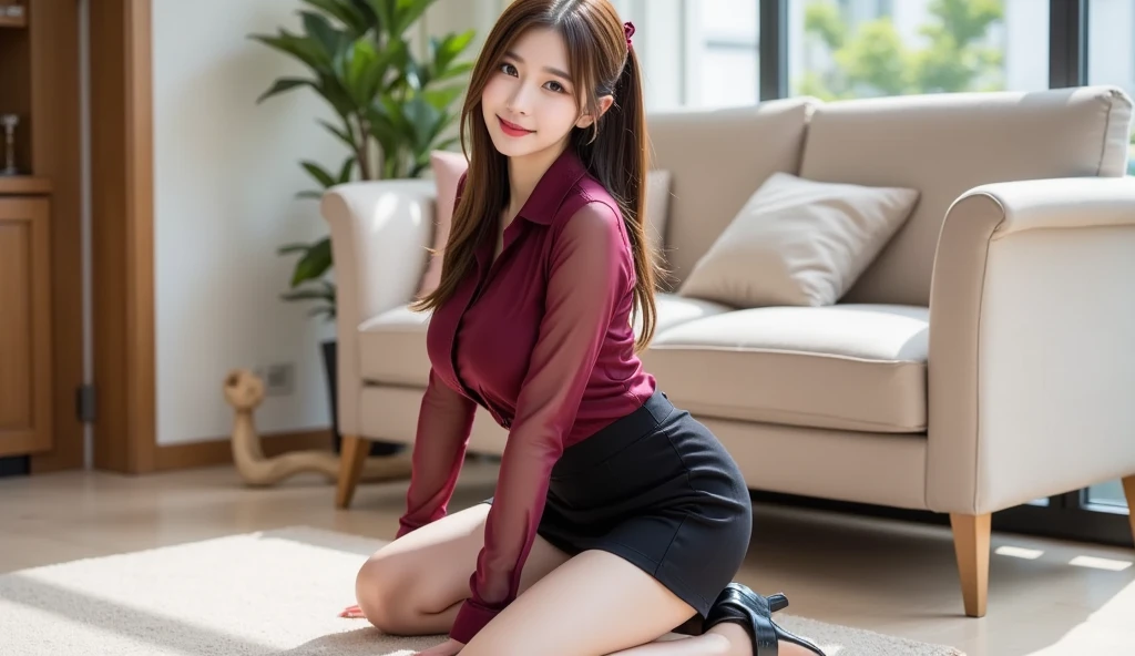 Mastepiece, highest quality, figure, Very detailed, Fine details, High resolution, 8k wallpaper, Perfect dynamic composition, Beautiful and delicate eyes, suit,short hair，Natural color lips, Sit on a chair，Crossing your legs, smile、25-year-old woman，Red Eyeshadow，Wearing pantyhose，Formal tight skirt