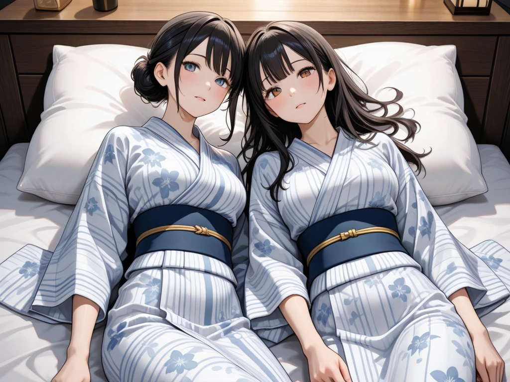Ponytail sisters,hostel,yukata,Unbuttoned,sexy,They are hugging each other,Naughty