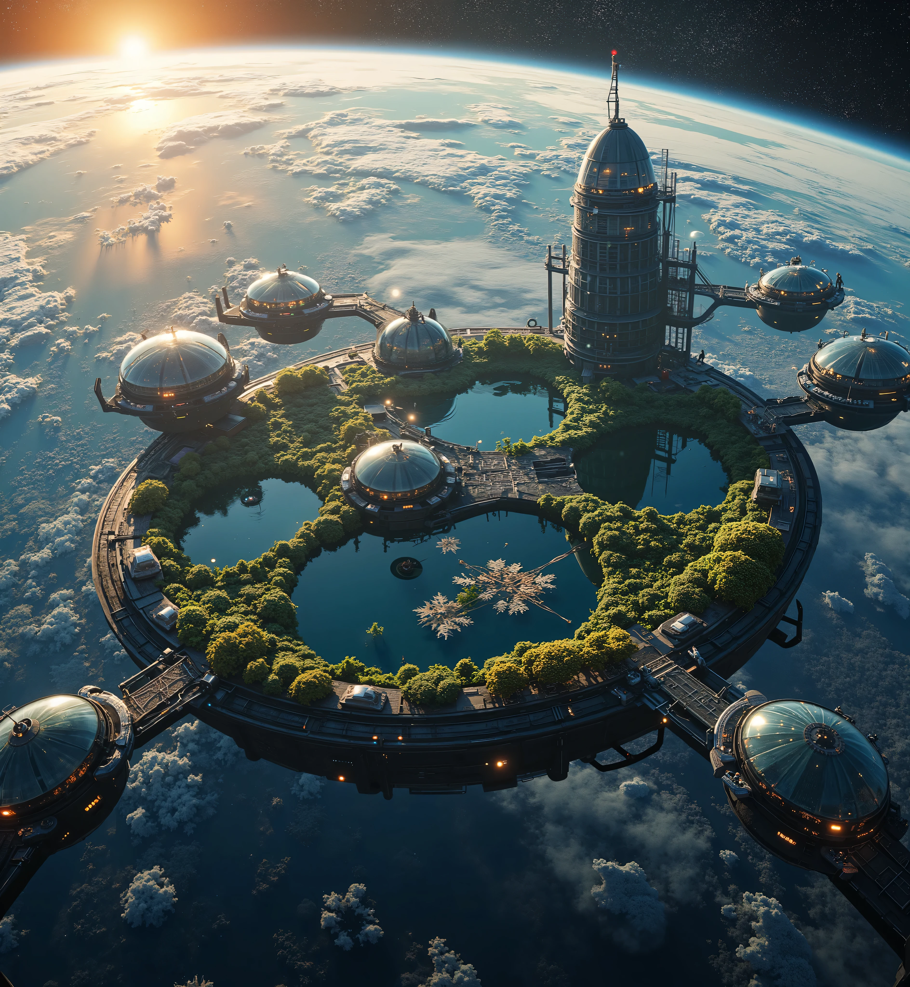 space colony, gigantic ring-shaped colony floating in space, Earth in the background, glass domes with artificial forests and lakes inside, astronauts floating around the colony performing maintenance, dawn lighting, sunlight softly illuminating the colony and Earth, glowing lights from the colony's interior, highly detailed, ultra-realistic, sci-fi theme, glow effects, dramatic lighting contrasts, high-resolution, dynamic perspective