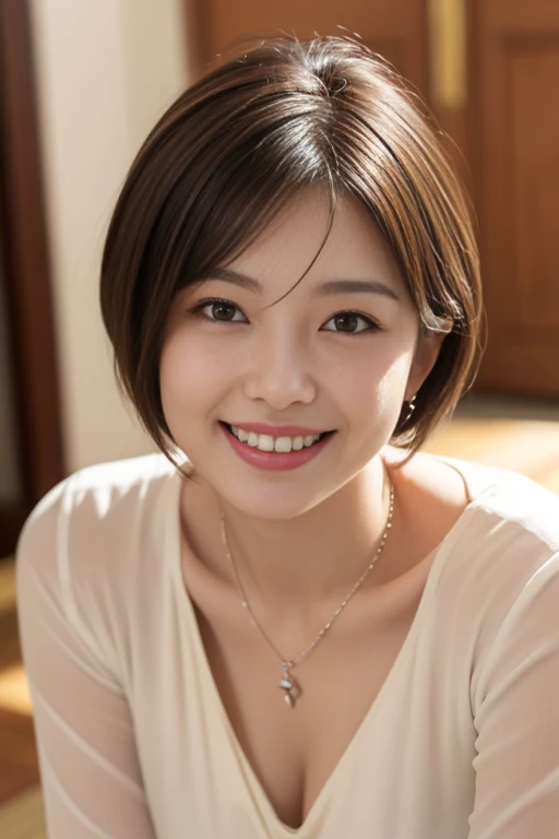 ((史上類を見ないmasterpiece、highest quality、woman, grin and laugh、erotic lingerie、sexy lingerie、down blouse、(leaning forward:1.3)、(oversize tshirt、Loose-fitting T-shirt、Low Cut T-Shirt:1.2)、(highest quality、8K、32K、masterpiece)、(Detailed bra)、Japanese、squat、one's home、blurred background、close up of chest、shot from above、entrance、skirt、joined、sit