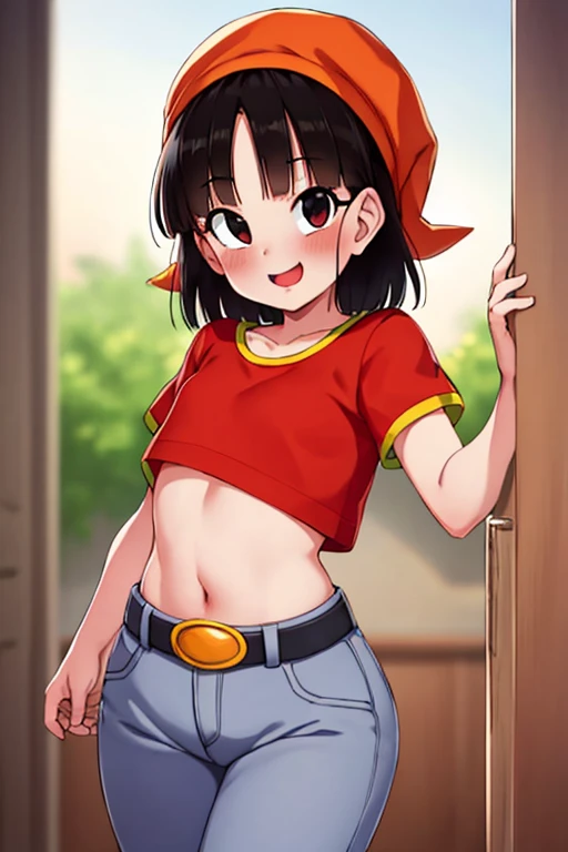 Super beautiful girl with short black hair.., defined body, Wide hips, half  , big butt, mini belt, looking at the viewer, Red blouse, super short jean, brown headscarf, excited face, blush
