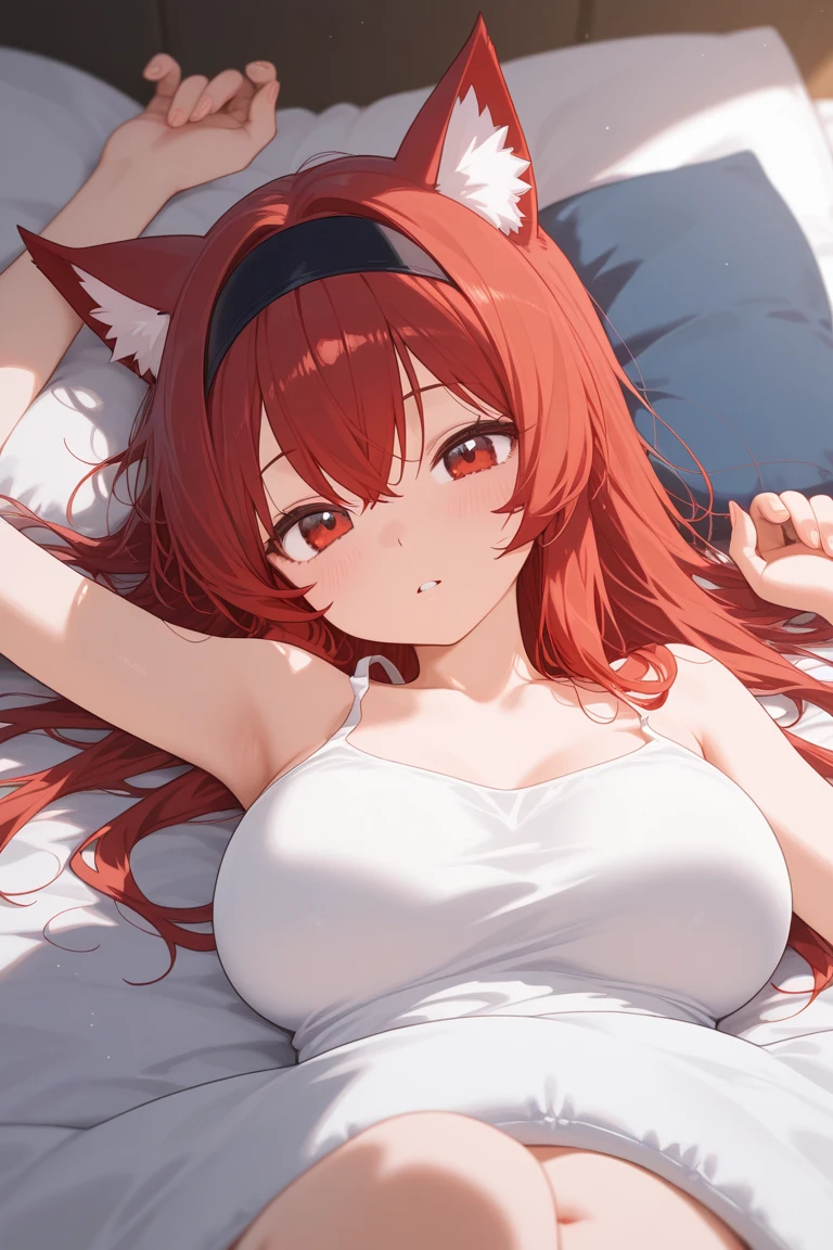 Bunny ears, black bra, better hands, red hair, blue eyes