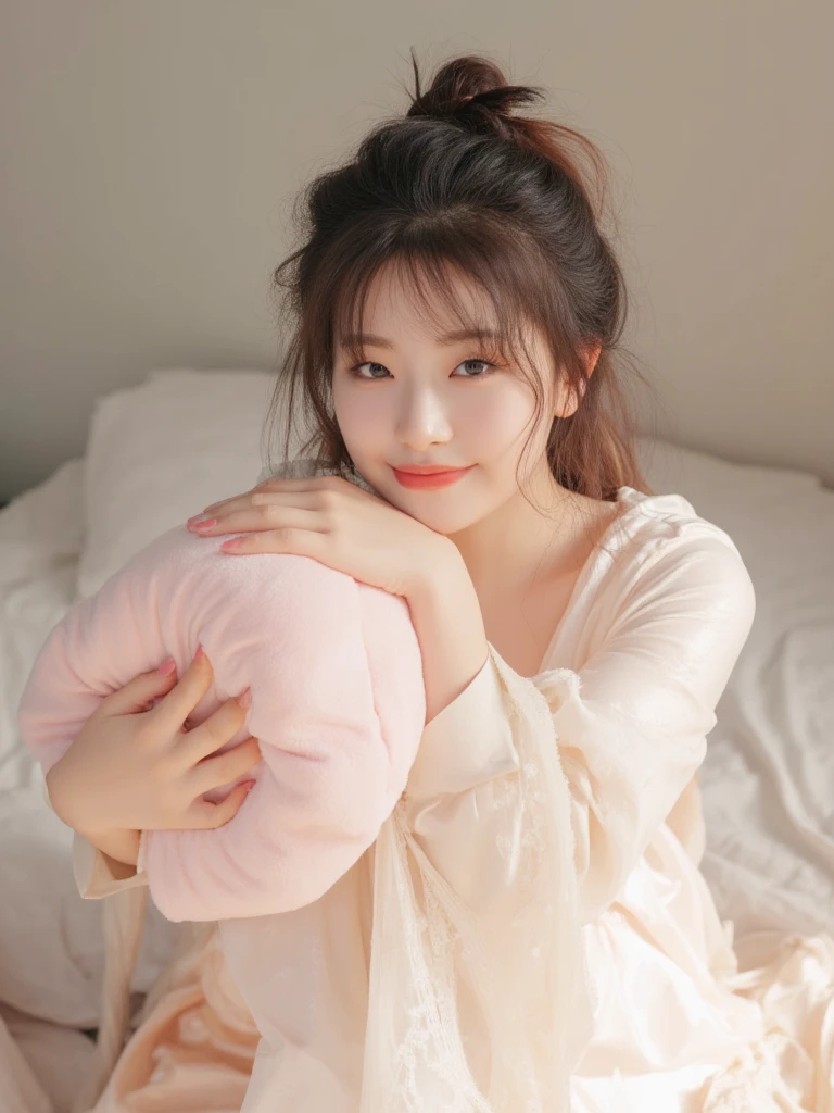 (tmasterpiece, Best quality at best), 1 plump girl,   Pillow hugs, Pillow hugs, lie, On the stomach,
