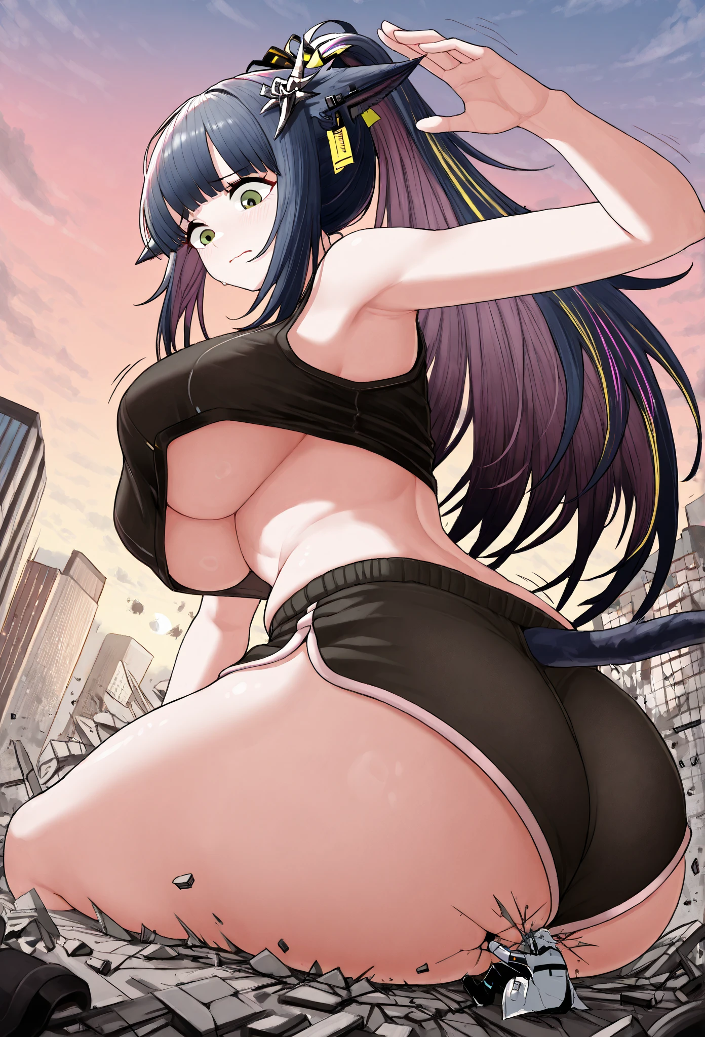 (masterpiece:1.37), best quality, (extremely detailed:1.37), woman, mature, adult, large breasts, very long hair, dark purple hair, purple eyes, (extremely detailed eyes:1.37), crop top, cleavage, navel, jeans, open fly, (groin:1.25), desperation, (wetting: self 3.0), standing, city, futuristic, neon lighting, high-tech, street