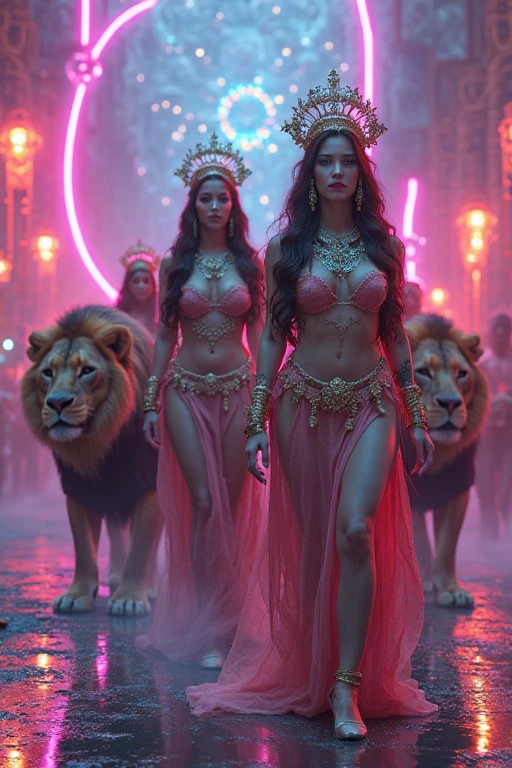 The image features two women in warrior-like costumes adorned with jewelry and feathers. They are standing in front of a gold and black background with lights.