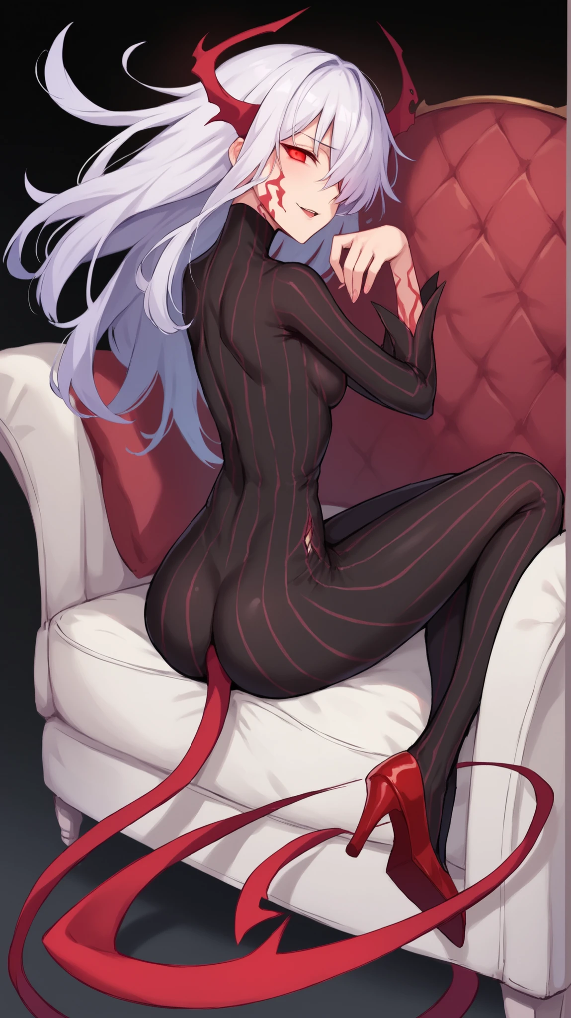 (full shot, back side view), blitzwolfer, wolf, homuro, loboan, biped, athletic female, camel toe, curved leaves, mammal, 5 fingers, 5 toes, barefoot big butt, black nails, black nose, black sclera, Black eyebrows, Black tail, grey body, Black long wolf's mane, long mane, long fur face cheeks, black head, black eyebrows, big jaw, red Inner ears, bubble butt, butt squish, large bum, busty, butt, body blush, claws, red one piece swimsuit, feet detail, fingers, genital outline, good body proportion, perfect morphology of a tall female, grabbing own butt, one hand on butt, humanoid feet, humanoid hands, horny face, in love to the viewer, large butt, looking at viewer, standing, presenting butt, nails, feet apart, partially visible vulva, plantigrade, protective mother countenance, pose, red eyes, smile, soles, soft soles, meaty soles, feet apart, raised leg, on one leg, one leg up, sandals, open toe sandal heels, platform sandal, platform heels, loose sandal, shoe dangle, solo, sheap space, long tail, fluffy tail, thick thighs, toe claws, toes, voluptuous, wide hips, curvy figure, curvaceous, absurd res, hi res, signature, in a spaceship next to a large window space