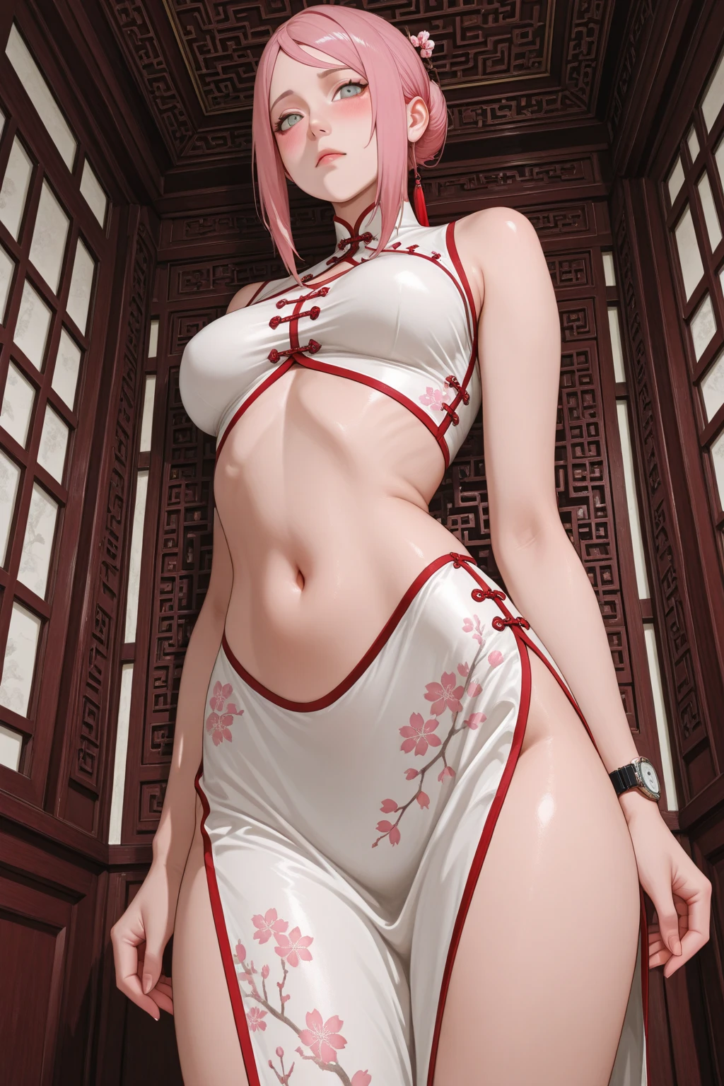 1girl, enormous breasts, curvy figures, seductive smile, full body, detailed eyes, white hairs, red eyes, white dress, braided hairstyle, sakura tree high res, (masterpiece),cowboy shot,