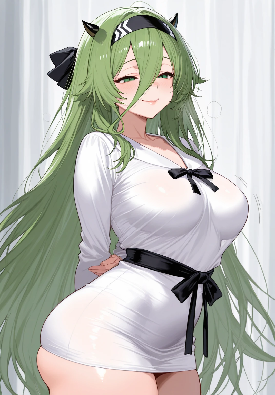 Expressive, score_9, score_8_up, score_9_up, Touhou, masterpiece, high quality, highly detailed, 1girl, kochiya sanae, solo, green hair, long hair, green eyes, long hair, big breasts, blush, round breasts,,,,,, frog hair ornament, hair tubes, snake hair ornament,,,, thin waist, sit on stool, white background,, virgin killer sweater, futanari, big penis under clothes, cum, she covering own face with hands 
