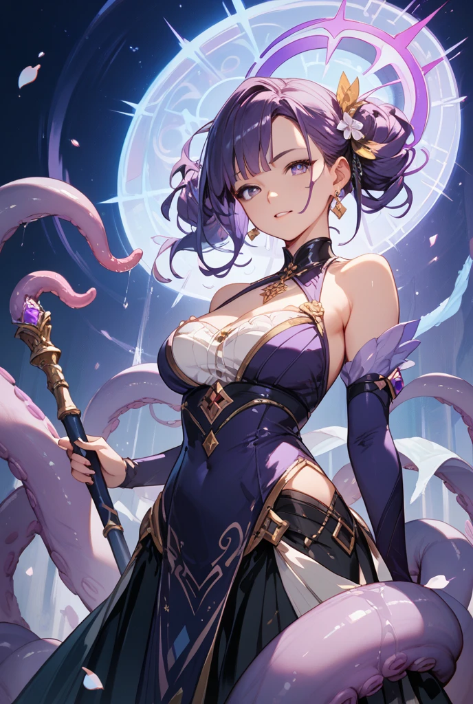 Extra long purple hair，Purple Eyes，A very good figure of an adult woman with bare breasts，Wearing black and purple tights，A purple scarf on the wrist，And holding a purple fire lotus in his left hand，First person open hands action，Six purple-white tentacles formed of energy extended from her back.，And behind her there are circles of three fists of purple and white halos，The background is purple, the universe and the starry sky