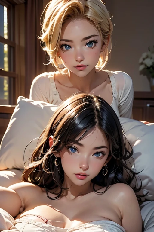 Female lover kissing, 2 girls, naked shirt female in bed, (SFW) Work, kissing together cutely, Girl Love Art, OPPEIN, Slightly saggy big breasts, small breasts, (((Extra long yellow curly hair))), (((Brown shoulder-length straight hair))), (girl love hug), (girl love kiss), The mouth is very detailed, detail face, (/touch her clothes, /touch her breasts), safe for work version, Octane Render