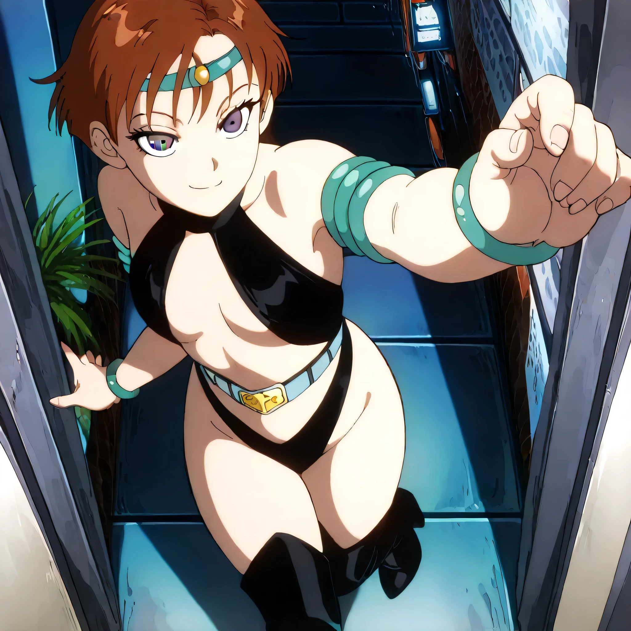 ((badhandv4)) Kobayashi, (Bust size very very small.)), (flat chest:1.2), Posing embarrassed, leotard anaranjado, escote, guantes de diane, Diane for costume, gloves, Seven deadly sins