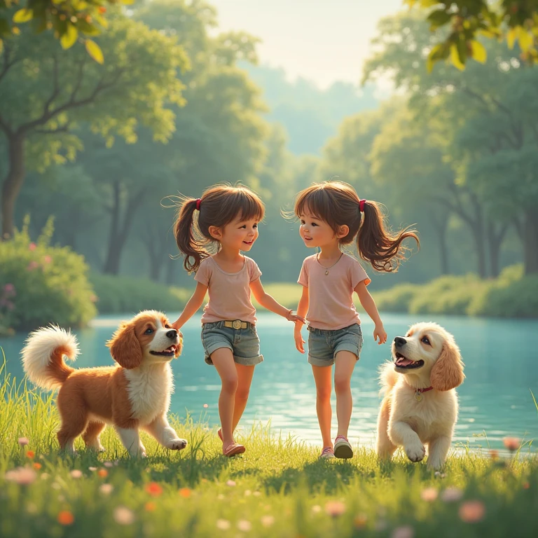twin sisters, 4 anos, crespas, Playing in the square with her little black and white dog