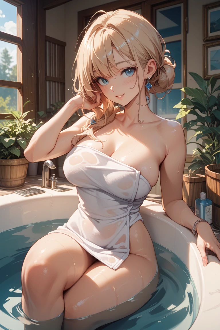 Absurd, Ultra-detailed,Bright colors, Very beautiful and detailed anime faces and eyes,indoor, (Building and starry sky seen from the window:1.2),(Embarrassed laugh:1.4), ribbon,Bathroom、(Wash your body in the shower:1.3),(Plenty of shower water:1.5),(A lot of water drops:1.4),(Hide your breasts with your hands 1.4),(The whole body gets wet:1.4)Blurry,(Deep blue eyes:1.3),feet outside the frame, Depth of written boundary, Age 25,short hair, , Asymmetrical bangs, Blonde hair in short pigtails, Shiny Hair, Delicate and beautiful face, blush、White skin, Barrette, Earrings, Night Scenery