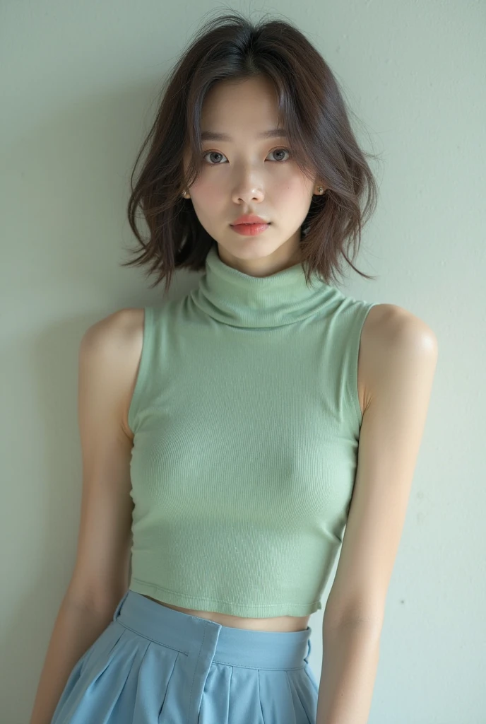 21yo girl, green hair, orange cloth, (Short Hair). Dark Gray background,